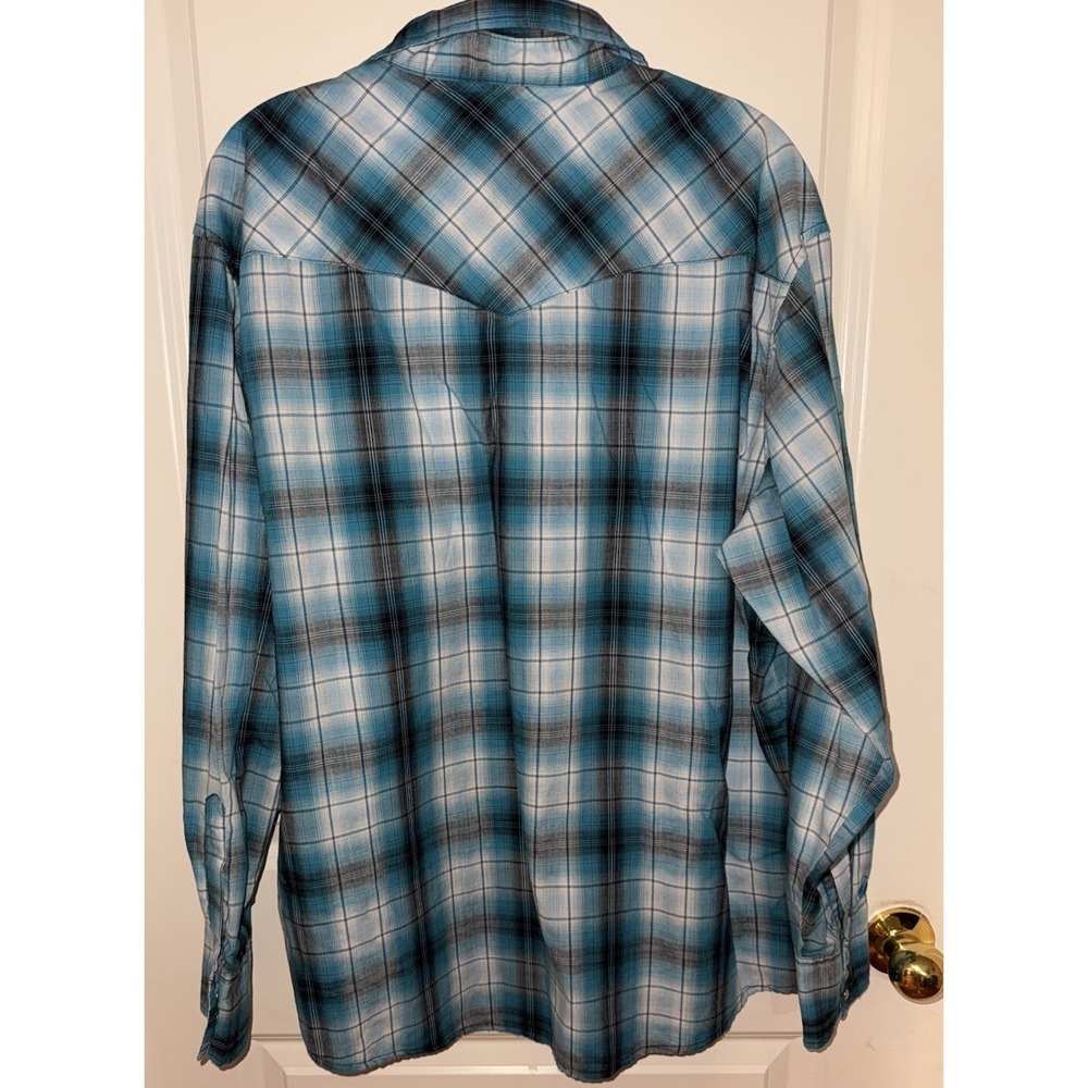 Wrangler Western Pearl Snap Button Long Sleeve Shirt Teal & Black Plaid XL - Picture 2 of 7